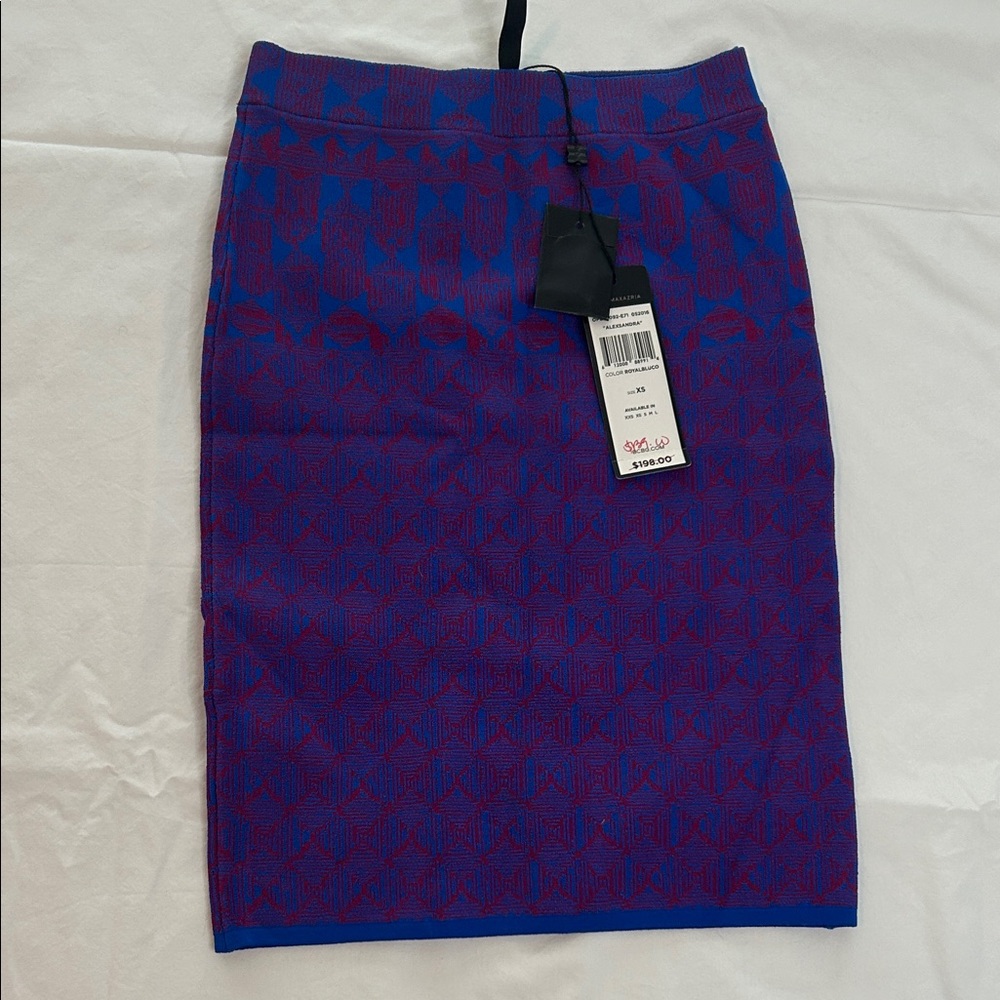 BCBGMaxAzria Blue and Purple Patterned Knit Pencil Skirt